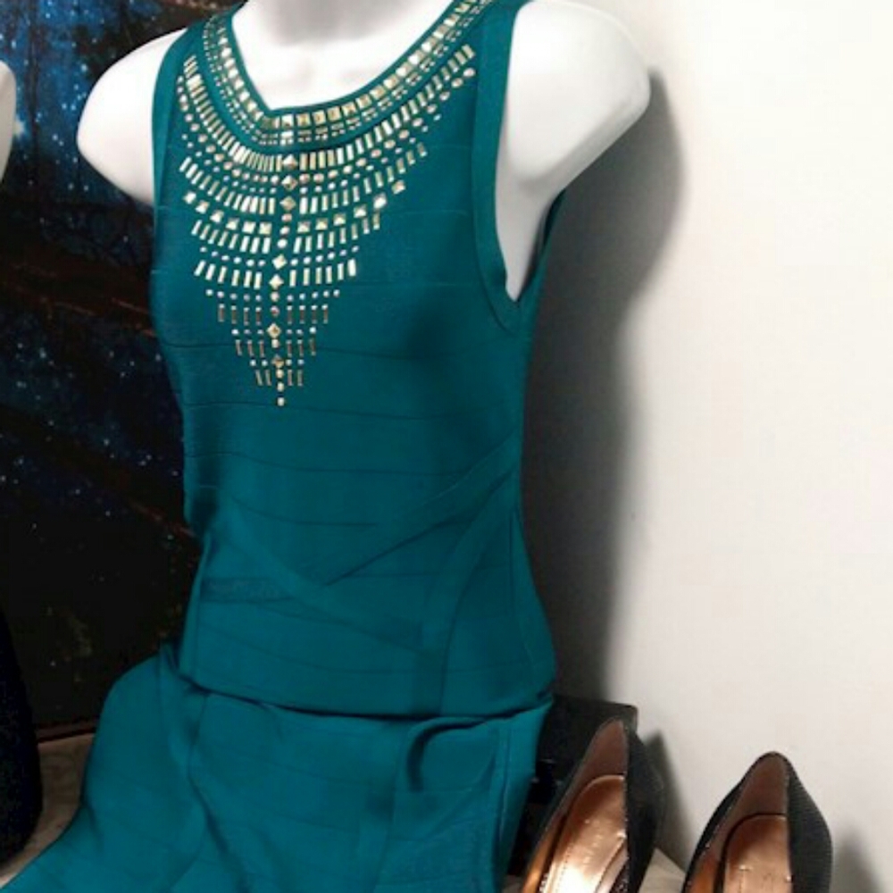 Bebe Bandage Dress Teal Green/Gold Small